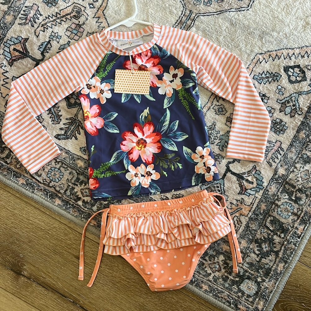 Oopsie Daisy orange Stripe Blue Floral Rash guard Top and Ruffle Swim Bottom 4
